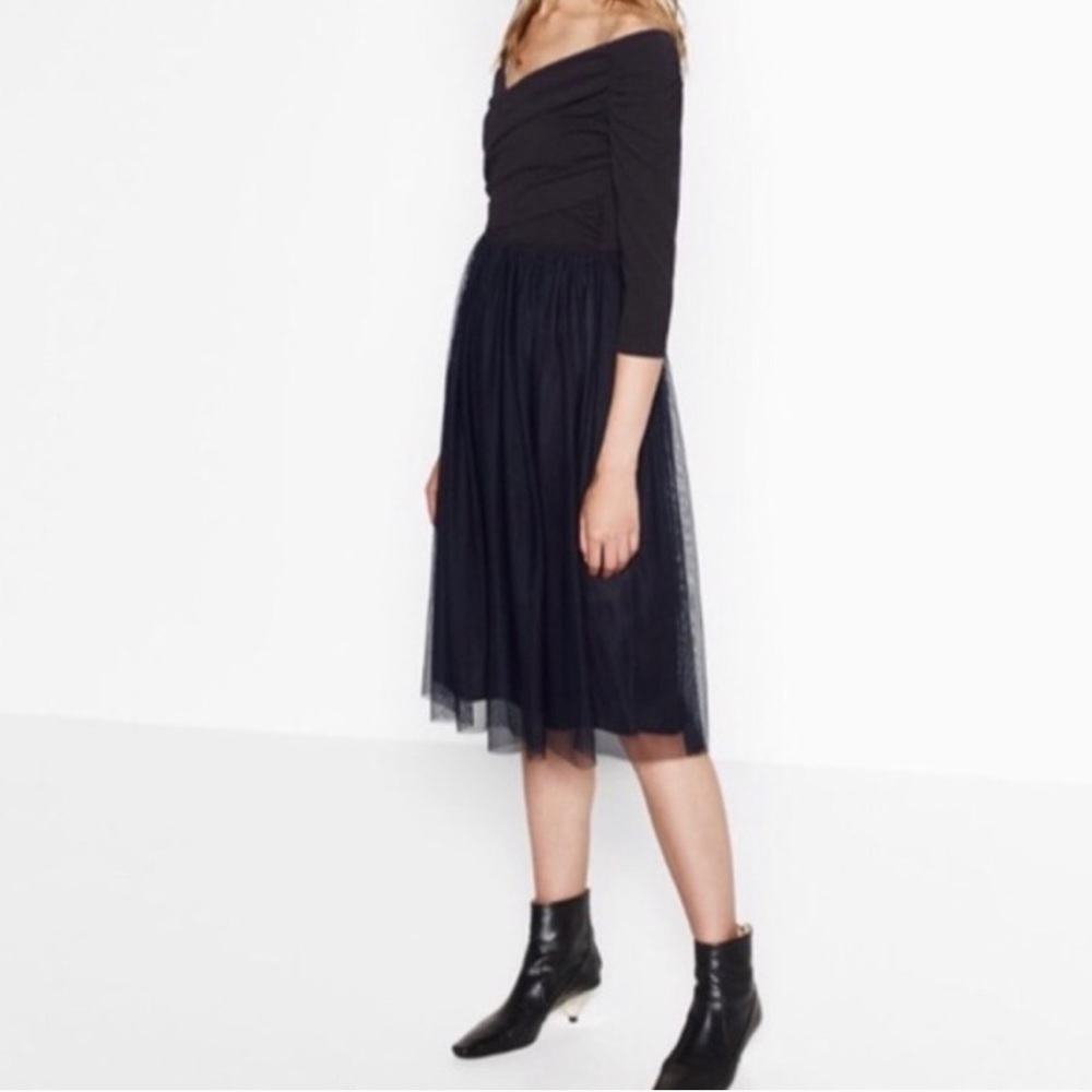 Zara Navy Blue Tulle Midi Dress - Picture 2 of 5